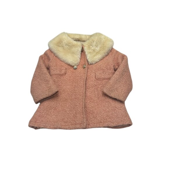 Vtg Girls Pink Wool Blend Coat Faux Fur Collar Quilted Lining 70s 80s Retro - Picture 3 of 7